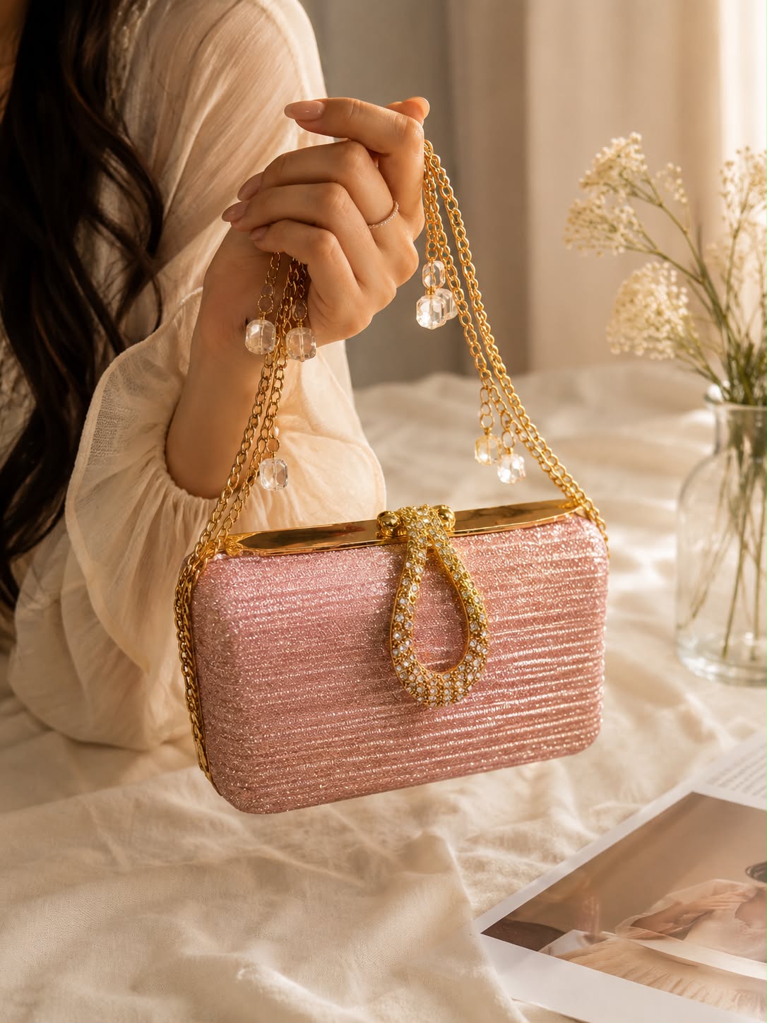 Pink Glitter Crystal Chain Party Clutch Bag🌸